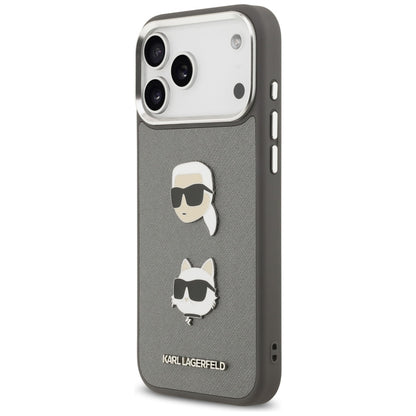 Puzdro pre Apple iPhone 17 Pro Max, Karl Lagerfeld, Grained Karl & Choupette's Heads Pins and Logo, Sivá