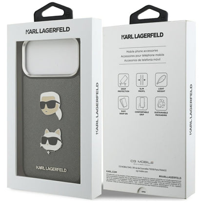 Puzdro pre Apple iPhone 17 Pro Max, Karl Lagerfeld, Grained Karl & Choupette's Heads Pins and Logo, Sivá