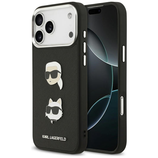 Puzdro pre Apple iPhone 17 Pro Max, Karl Lagerfeld, Grained Karl & Choupette's Heads Pins and Logo, Čierne
