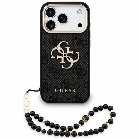 Puzdro pre Apple iPhone 18 Pro / 17 Pro, Guess, 4G Classic Logo s remienkom, čierno-zlaté