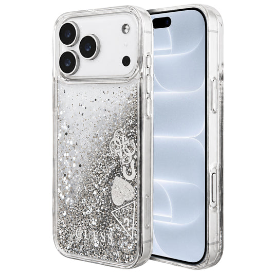 Puzdro na Apple iPhone 18 Pro / 17 Pro, Guess, Liquid Glitter Charms, strieborné