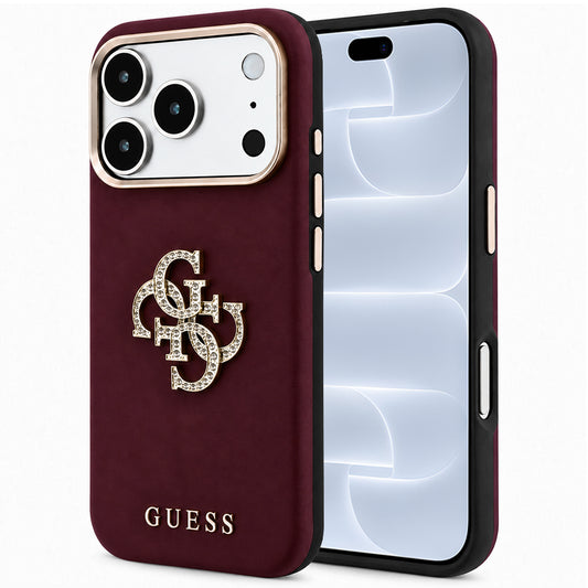 Puzdro pre Apple iPhone 18 Pro / 17 Pro, Guess, hladké veľké logo s kamienkami, vínové