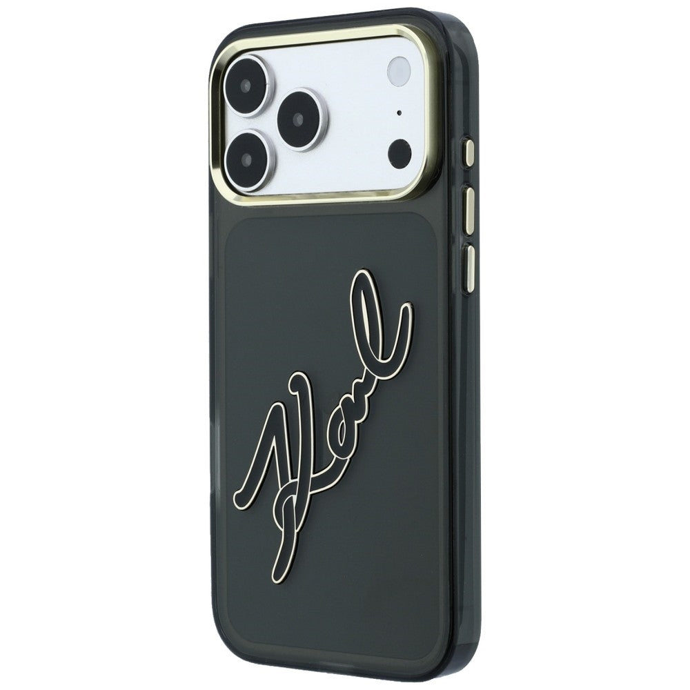Puzdro pre Apple iPhone 18 Pro / 17 Pro, Karl Lagerfeld, IML Veľké podpisové logo z živice a kovový rám, čierne