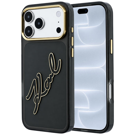 Puzdro pre Apple iPhone 18 Pro / 17 Pro, Karl Lagerfeld, IML Veľké podpisové logo z živice a kovový rám, čierne