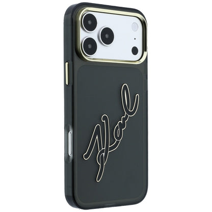 Puzdro pre Apple iPhone 18 Pro / 17 Pro, Karl Lagerfeld, IML Veľké podpisové logo z živice a kovový rám, čierne