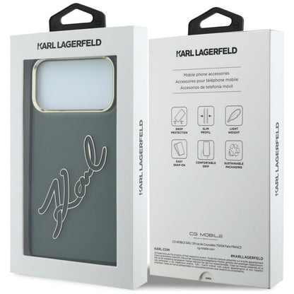 Puzdro pre Apple iPhone 18 Pro / 17 Pro, Karl Lagerfeld, IML Veľké podpisové logo z živice a kovový rám, čierne