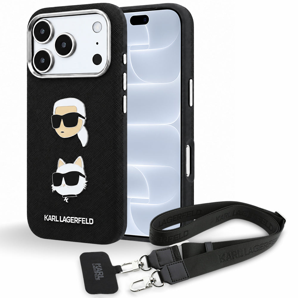Puzdro pre Apple iPhone 18 Pro / 17 Pro, Karl Lagerfeld, Saffiano Crossbody Karl & Choupette Head's Pins Logo, čierne