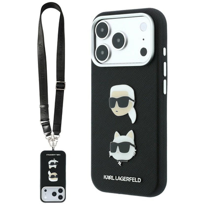 Puzdro pre Apple iPhone 18 Pro / 17 Pro, Karl Lagerfeld, Saffiano Crossbody Karl & Choupette Head's Pins Logo, čierne
