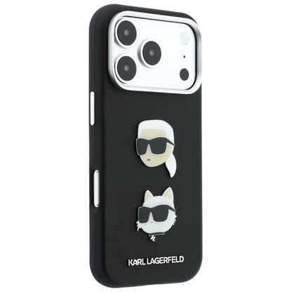 Puzdro pre Apple iPhone 18 Pro / 17 Pro, Karl Lagerfeld, Saffiano Crossbody Karl & Choupette Head's Pins Logo, čierne