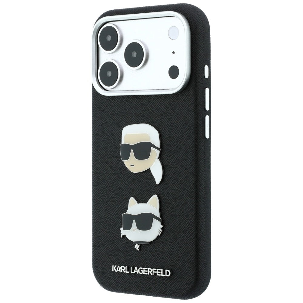 Puzdro pre Apple iPhone 18 Pro / 17 Pro, Karl Lagerfeld, Saffiano Crossbody Karl & Choupette Head's Pins Logo, čierne