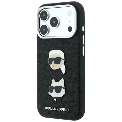 Puzdro pre Apple iPhone 18 Pro / 17 Pro, Karl Lagerfeld, Saffiano Crossbody Karl & Choupette Head's Pins Logo, čierne