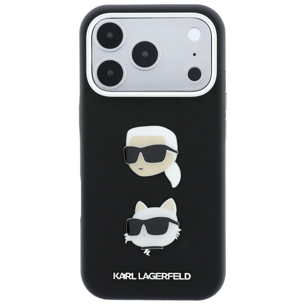 Puzdro pre Apple iPhone 18 Pro / 17 Pro, Karl Lagerfeld, Saffiano Crossbody Karl & Choupette Head's Pins Logo, čierne