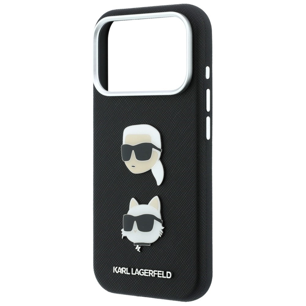 Puzdro pre Apple iPhone 18 Pro / 17 Pro, Karl Lagerfeld, Saffiano Crossbody Karl & Choupette Head's Pins Logo, čierne