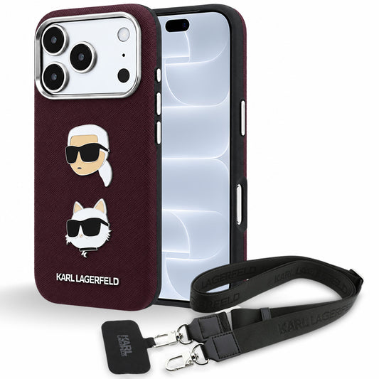 Puzdro na Apple iPhone 18 Pro / 17 Pro, Karl Lagerfeld, Saffiano Crossbody Karl & Choupette Head's Pins Logo, bordové