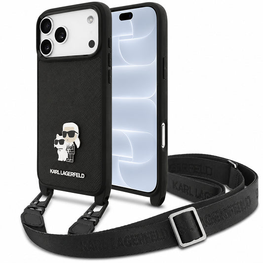 Puzdro na Apple iPhone 18 Pro / 17 Pro, Karl Lagerfeld, Saffiano Crossbody Metal Pin Karl & Choupette, čierne