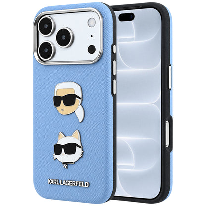 Puzdro na Apple iPhone 18 Pro / 17 Pro, Karl Lagerfeld, Saffiano s odznakom s hlavami Karla a Choupette a logom, modré