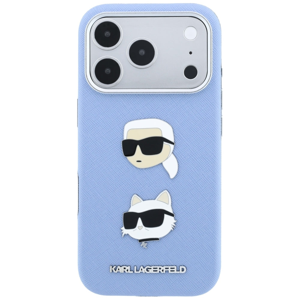 Puzdro na Apple iPhone 18 Pro / 17 Pro, Karl Lagerfeld, Saffiano s odznakom s hlavami Karla a Choupette a logom, modré