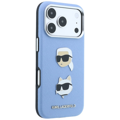 Puzdro na Apple iPhone 18 Pro / 17 Pro, Karl Lagerfeld, Saffiano s odznakom s hlavami Karla a Choupette a logom, modré
