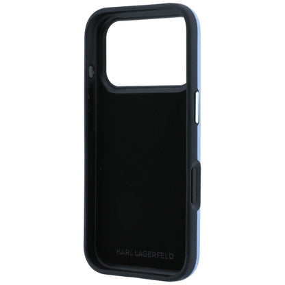 Puzdro na Apple iPhone 18 Pro / 17 Pro, Karl Lagerfeld, Saffiano s odznakom s hlavami Karla a Choupette a logom, modré