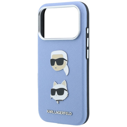 Puzdro na Apple iPhone 18 Pro / 17 Pro, Karl Lagerfeld, Saffiano s odznakom s hlavami Karla a Choupette a logom, modré