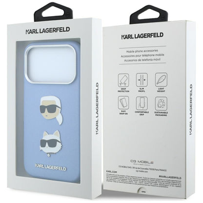 Puzdro na Apple iPhone 18 Pro / 17 Pro, Karl Lagerfeld, Saffiano s odznakom s hlavami Karla a Choupette a logom, modré