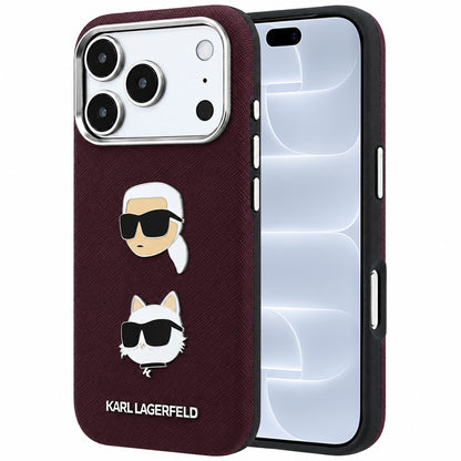 Puzdro na Apple iPhone 18 Pro / 17 Pro, Karl Lagerfeld, Saffiano s pripínacím odznakom hlavy Karla & Choupette a logom, vínové