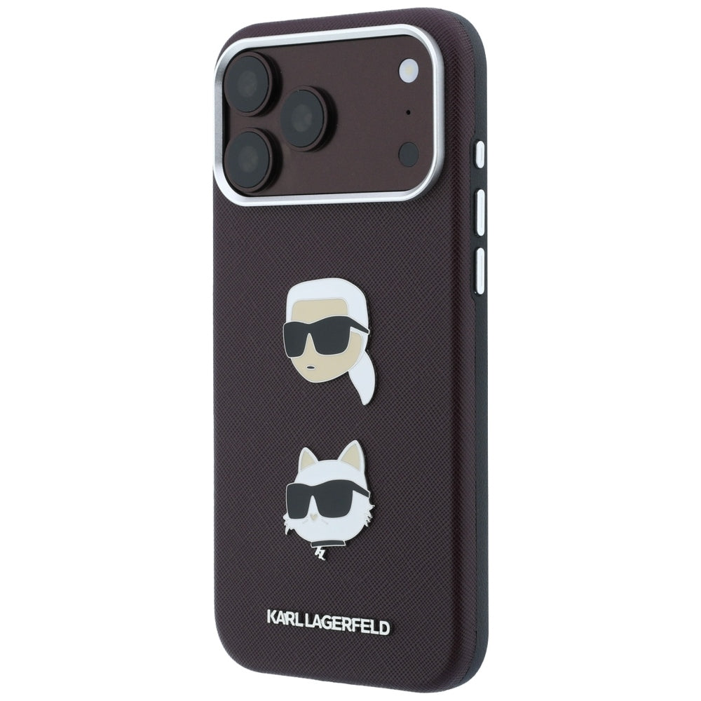 Puzdro na Apple iPhone 18 Pro / 17 Pro, Karl Lagerfeld, Saffiano s pripínacím odznakom hlavy Karla & Choupette a logom, vínové