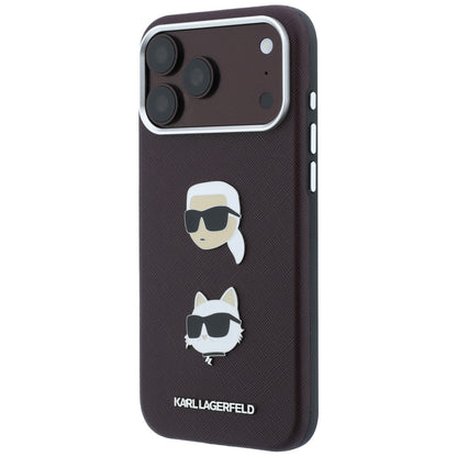 Puzdro na Apple iPhone 18 Pro / 17 Pro, Karl Lagerfeld, Saffiano s pripínacím odznakom hlavy Karla & Choupette a logom, vínové