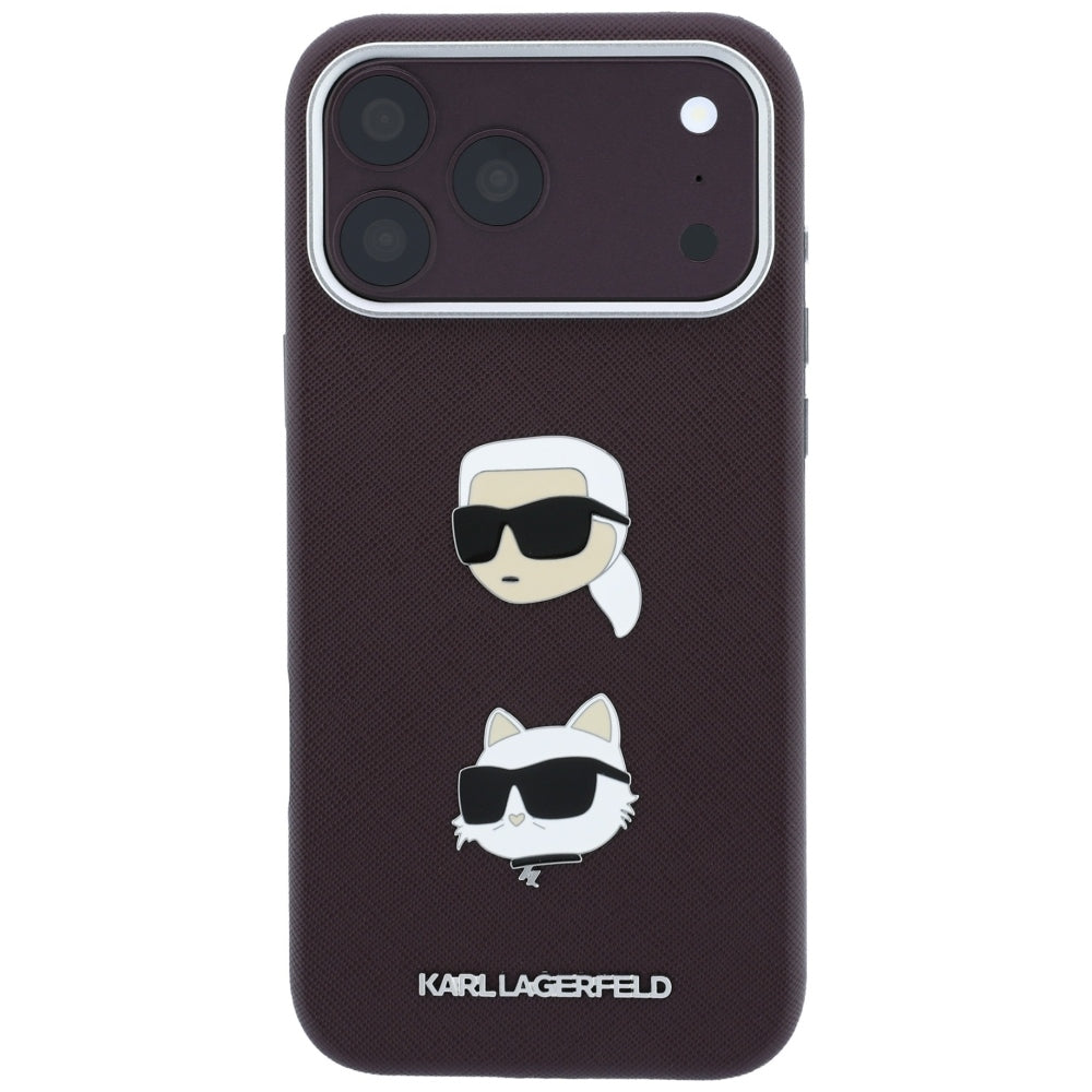 Puzdro na Apple iPhone 18 Pro / 17 Pro, Karl Lagerfeld, Saffiano s pripínacím odznakom hlavy Karla & Choupette a logom, vínové