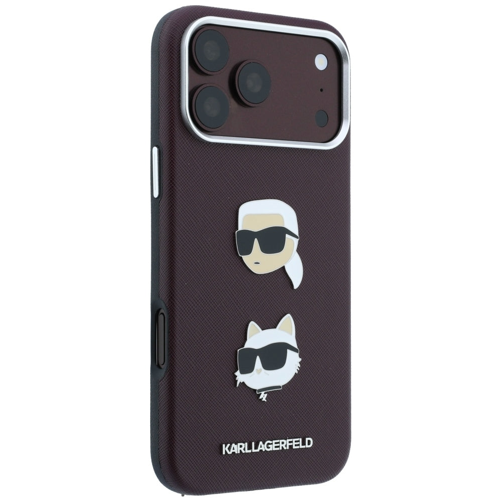 Puzdro na Apple iPhone 18 Pro / 17 Pro, Karl Lagerfeld, Saffiano s pripínacím odznakom hlavy Karla & Choupette a logom, vínové