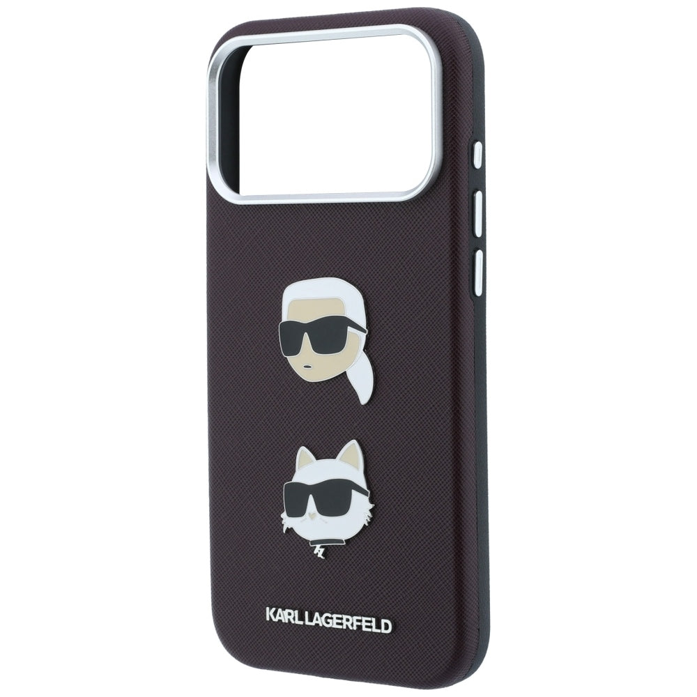 Puzdro na Apple iPhone 18 Pro / 17 Pro, Karl Lagerfeld, Saffiano s pripínacím odznakom hlavy Karla & Choupette a logom, vínové