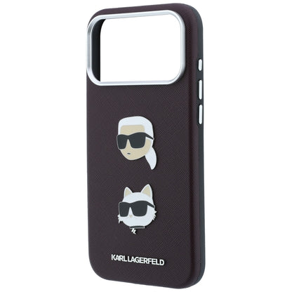 Puzdro na Apple iPhone 18 Pro / 17 Pro, Karl Lagerfeld, Saffiano s pripínacím odznakom hlavy Karla & Choupette a logom, vínové