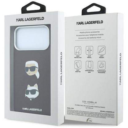 Puzdro na Apple iPhone 18 Pro / 17 Pro, Karl Lagerfeld, Saffiano s pripínacím odznakom hlavy Karla & Choupette a logom, vínové