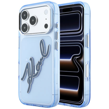 Puzdro pre Apple iPhone 18 Pro Max / 17 Pro Max, Karl Lagerfeld, IML Veľký podpisový živicový logotyp s kovovým rámom, modré