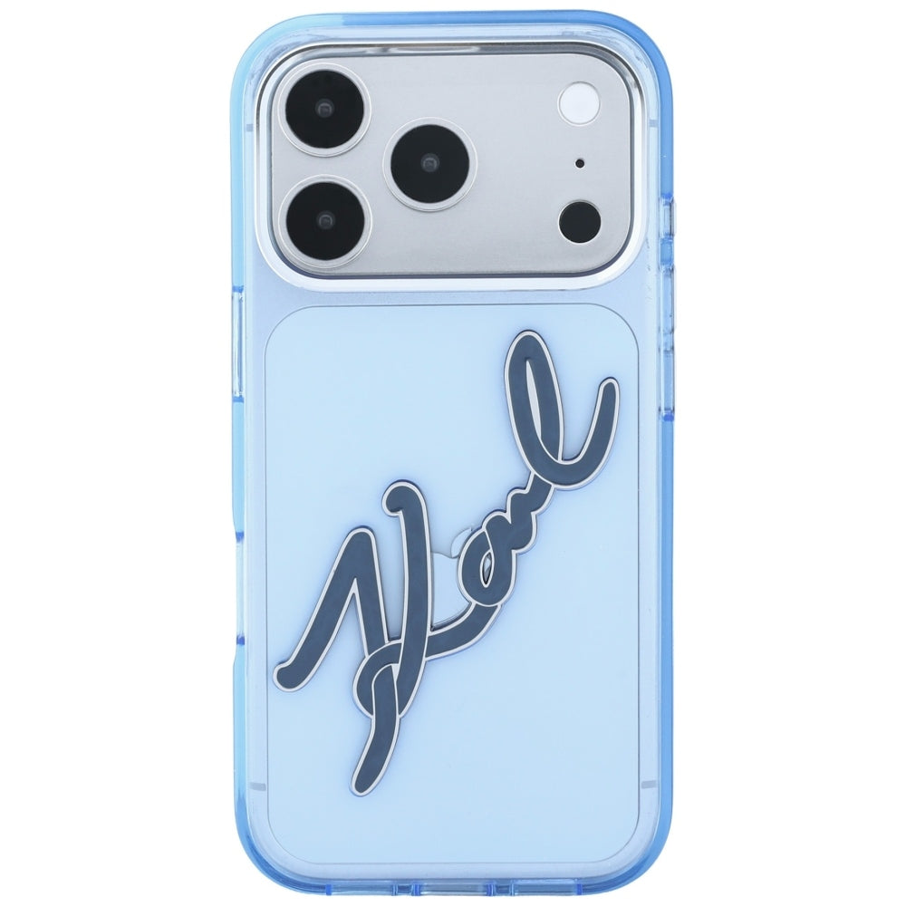 Puzdro pre Apple iPhone 18 Pro Max / 17 Pro Max, Karl Lagerfeld, IML Veľký podpisový živicový logotyp s kovovým rámom, modré