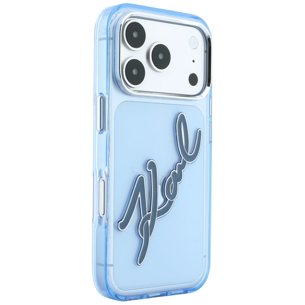 Puzdro pre Apple iPhone 18 Pro Max / 17 Pro Max, Karl Lagerfeld, IML Veľký podpisový živicový logotyp s kovovým rámom, modré