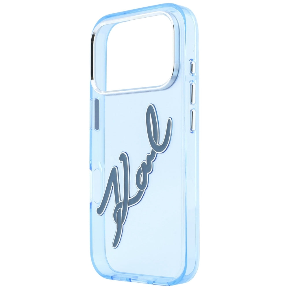 Puzdro pre Apple iPhone 18 Pro Max / 17 Pro Max, Karl Lagerfeld, IML Veľký podpisový živicový logotyp s kovovým rámom, modré