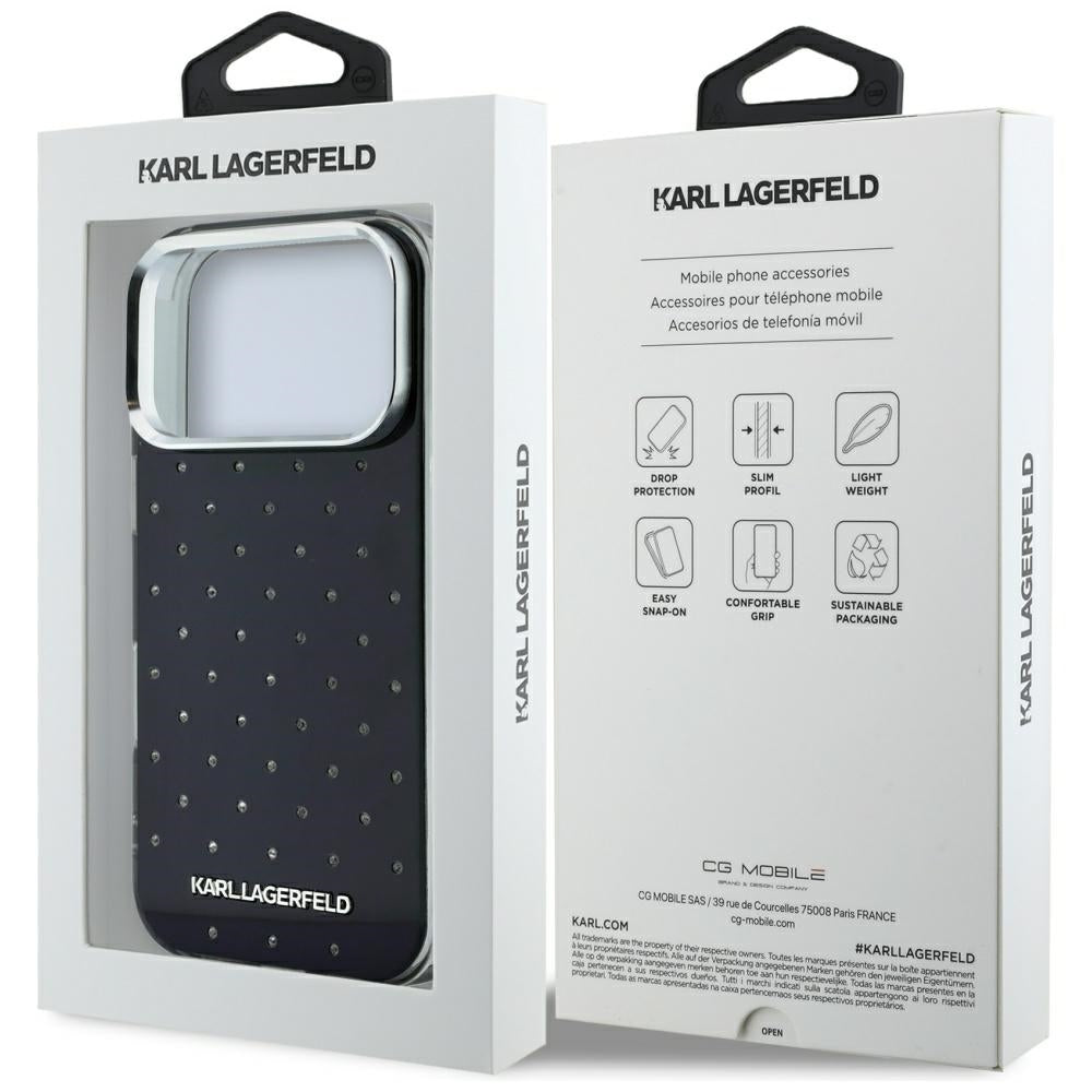 Puzdro pre Apple iPhone 18 Pro Max / 17 Pro Max, Karl Lagerfeld, IML kryštáliky a elektrolyticky pokovené logo, čierne
