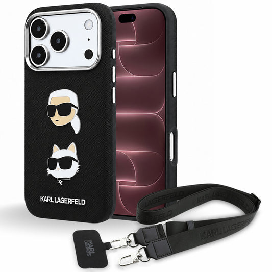 Puzdro na Apple iPhone 18 Pro Max / 17 Pro Max, Karl Lagerfeld, Saffiano Crossbody Karl & Choupette Head's Pins Logo, čierne