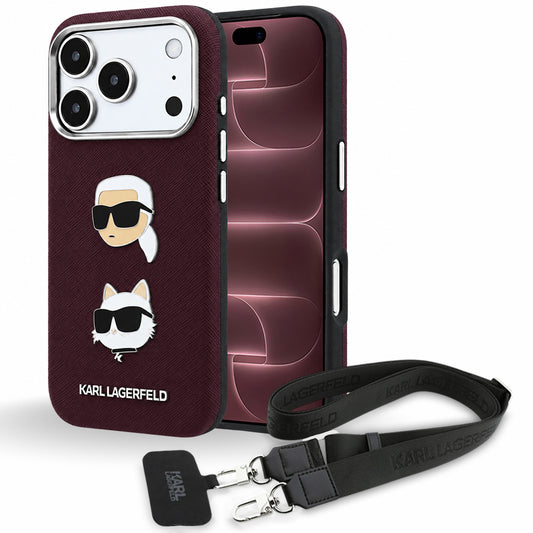 Puzdro na Apple iPhone 18 Pro Max / 17 Pro Max, Karl Lagerfeld, Saffiano Crossbody Karl & Choupette Head's Pins Logo, bordové
