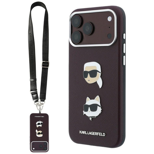 Puzdro na Apple iPhone 18 Pro Max / 17 Pro Max, Karl Lagerfeld, Saffiano Crossbody Karl & Choupette Head's Pins Logo, bordové
