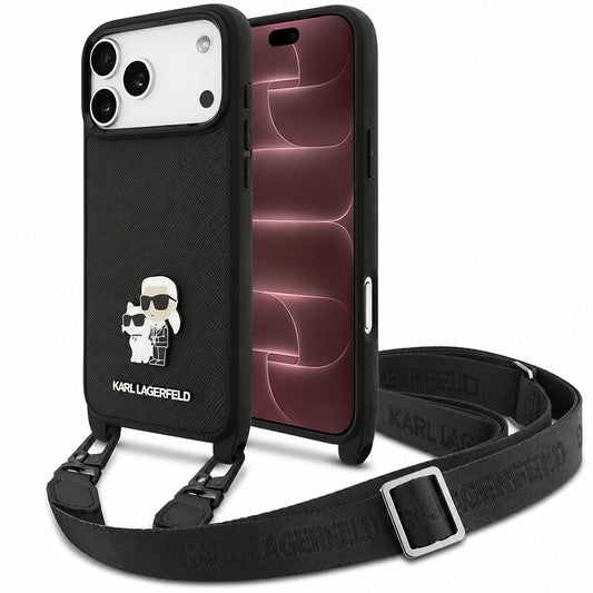 Puzdro na Apple iPhone 18 Pro Max / 17 Pro Max, Karl Lagerfeld, Saffiano Crossbody Metal Pin Karl & Choupette, čierne