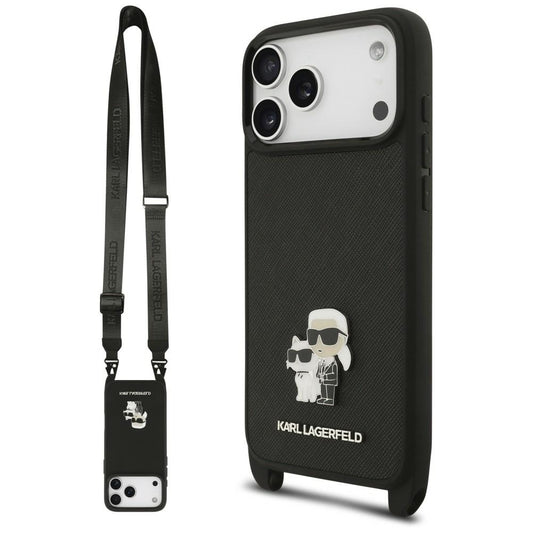 Puzdro na Apple iPhone 18 Pro Max / 17 Pro Max, Karl Lagerfeld, Saffiano Crossbody Metal Pin Karl & Choupette, čierne