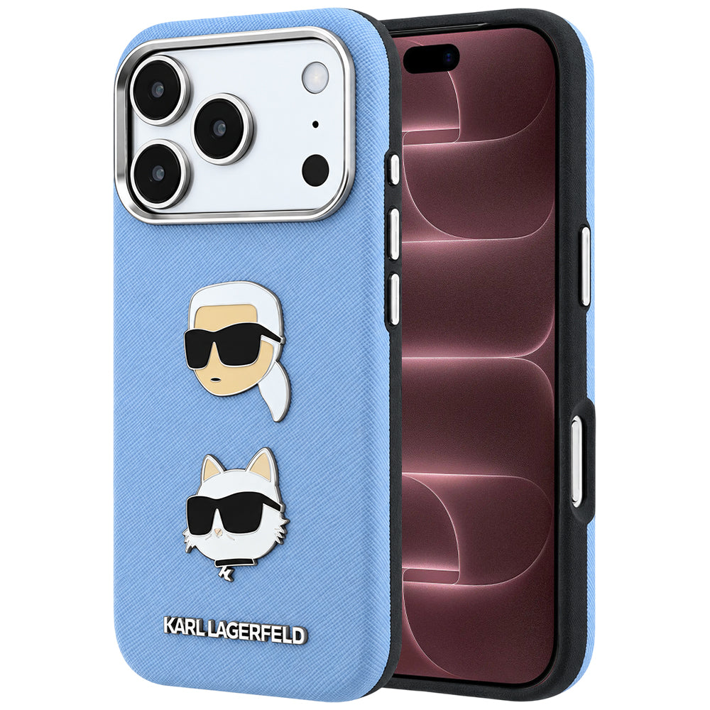 Puzdro pre Apple iPhone 18 Pro Max / 17 Pro Max, Karl Lagerfeld, Saffiano s pripínacím odznakom hlavy Karla & Choupette a logom, modré