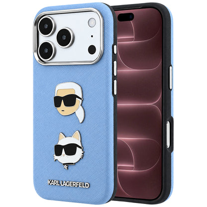 Puzdro pre Apple iPhone 18 Pro Max / 17 Pro Max, Karl Lagerfeld, Saffiano s pripínacím odznakom hlavy Karla & Choupette a logom, modré