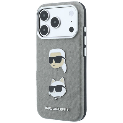 Puzdro pre Apple iPhone 18 Pro Max / 17 Pro Max, Karl Lagerfeld, Saffiano s odznakom s hlavami Karla a Choupette a logom, sivé