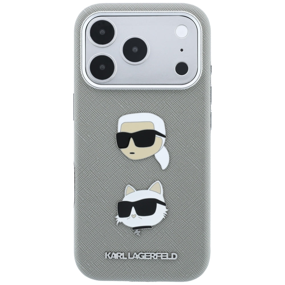 Puzdro pre Apple iPhone 18 Pro Max / 17 Pro Max, Karl Lagerfeld, Saffiano s odznakom s hlavami Karla a Choupette a logom, sivé