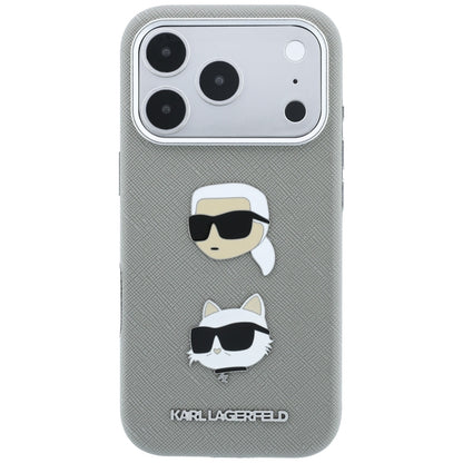 Puzdro pre Apple iPhone 18 Pro Max / 17 Pro Max, Karl Lagerfeld, Saffiano s odznakom s hlavami Karla a Choupette a logom, sivé