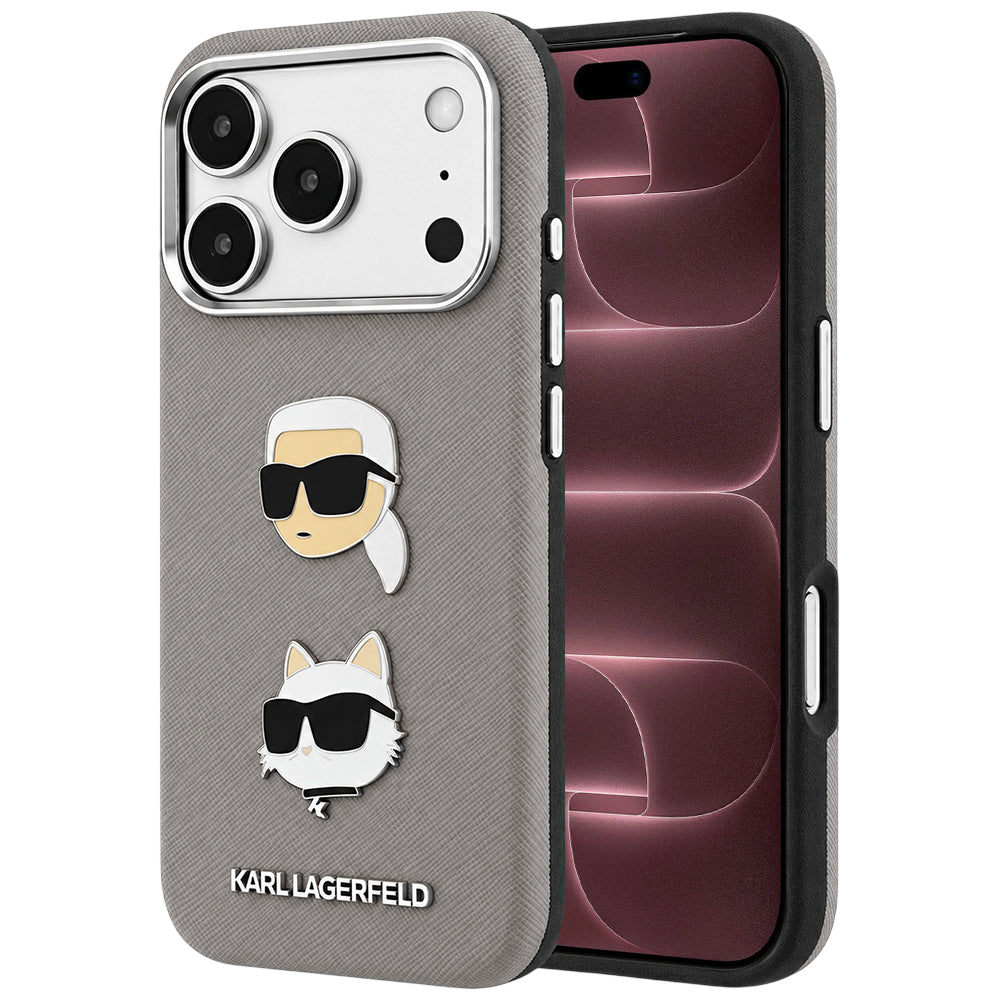 Puzdro pre Apple iPhone 18 Pro Max / 17 Pro Max, Karl Lagerfeld, Saffiano s odznakom s hlavami Karla a Choupette a logom, sivé
