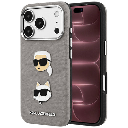 Puzdro pre Apple iPhone 18 Pro Max / 17 Pro Max, Karl Lagerfeld, Saffiano s odznakom s hlavami Karla a Choupette a logom, sivé